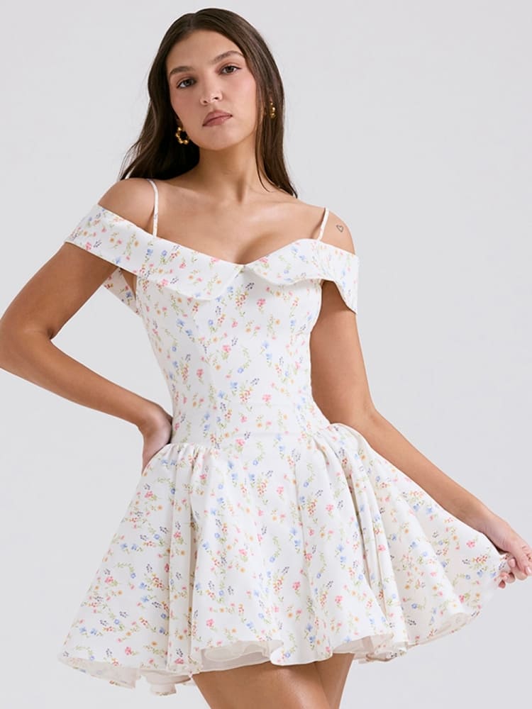 White Floral Print Bustier Mini Dress