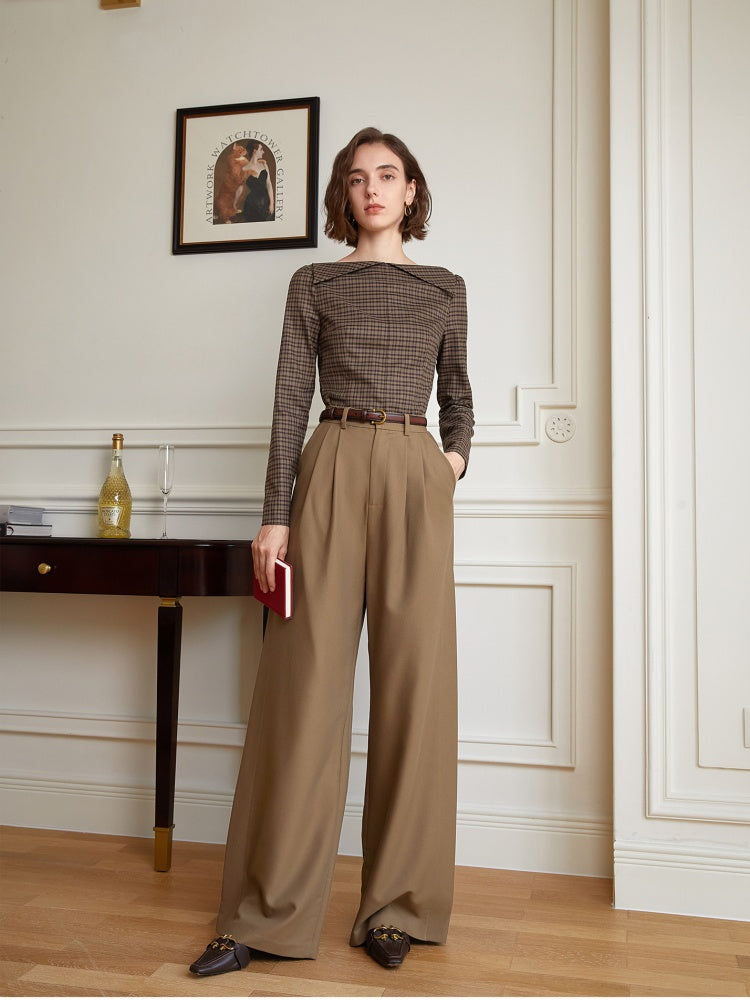 French Vintage Off-Shoulder Plaid Blouse