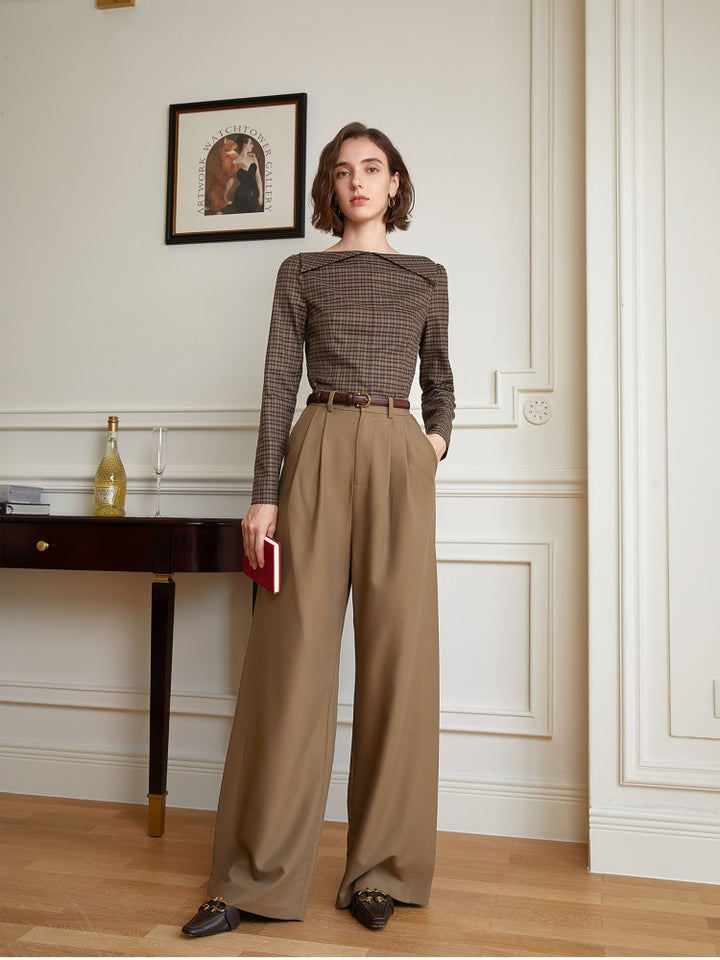 French Vintage Off-Shoulder Plaid Blouse