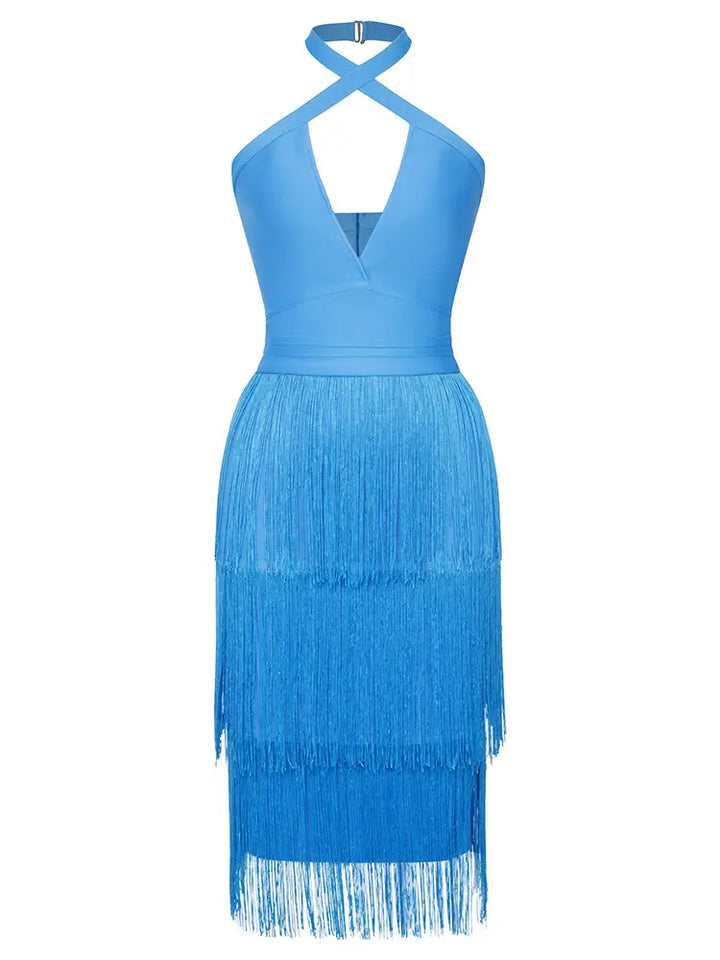 Halter Blue Fringe Bandage Dress