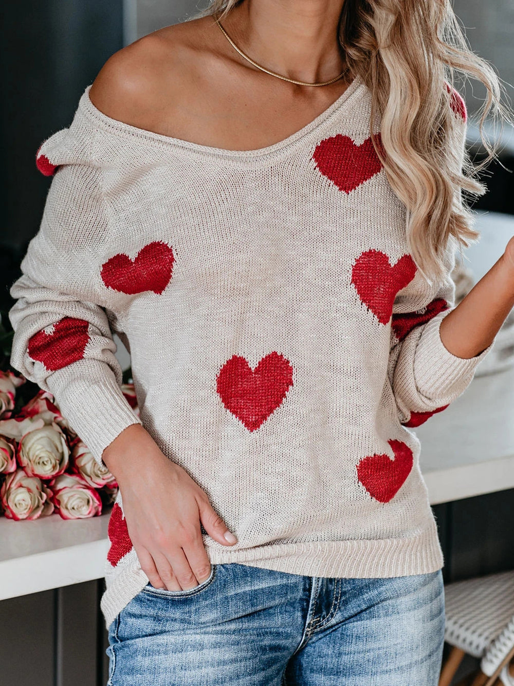 Suéter de punto con cuello en V para el día de San Valentín
