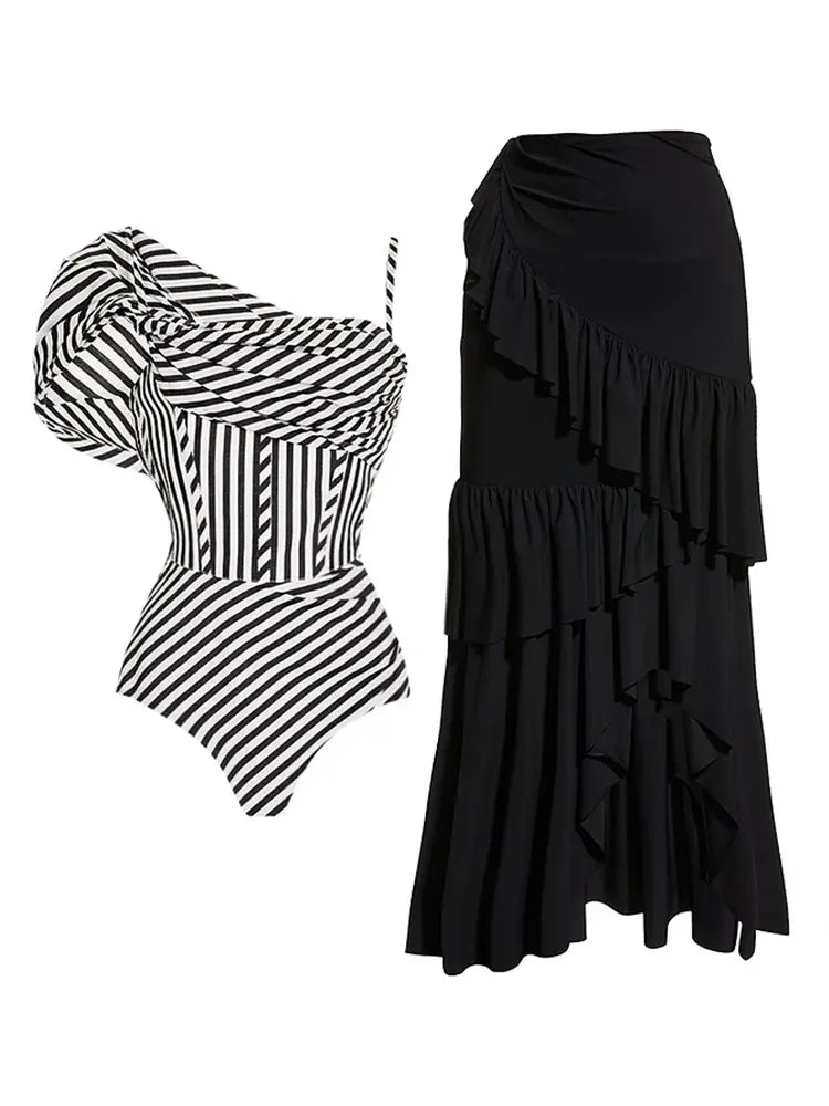 Off-shoulder gestreept badpakset