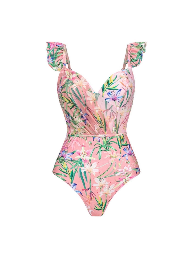 Mesh-Patchwork-Badeanzug-Set mit Print