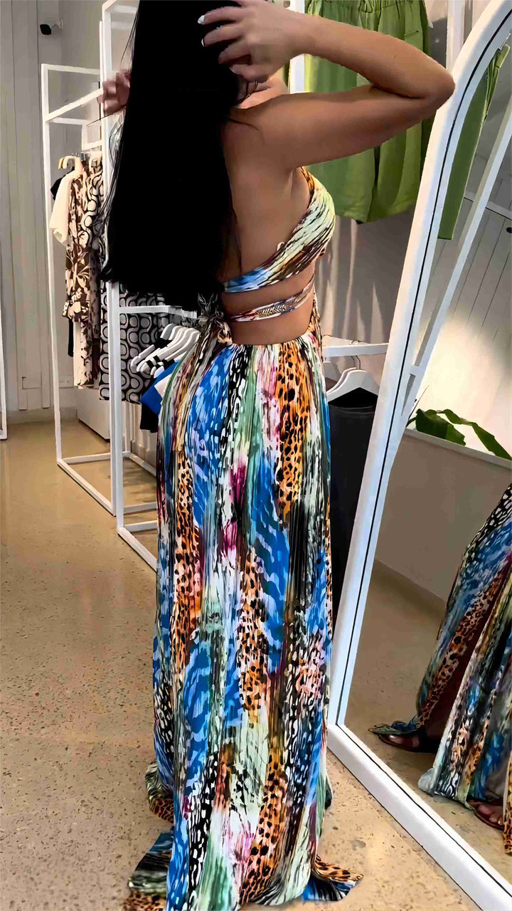 Vestido longo com amarração nas costas e estampa animal