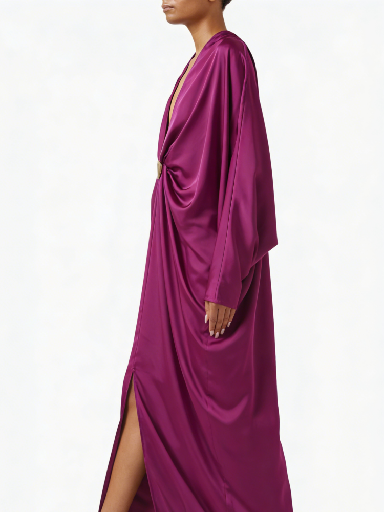 Robe longue col en satin magenta satiné