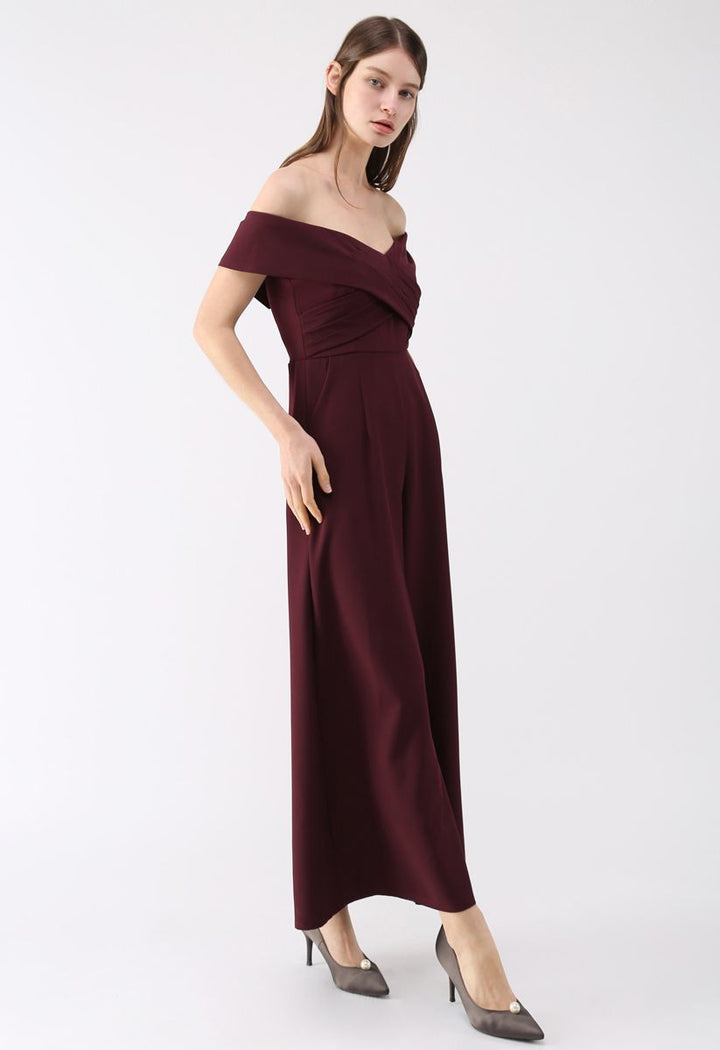 Eternal Sweet Cross Breast Off-Soulder Jumpsuit In Wine