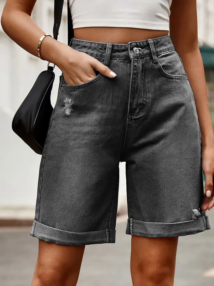 'Distressed Cuffed Denim Bermuda Shorts'