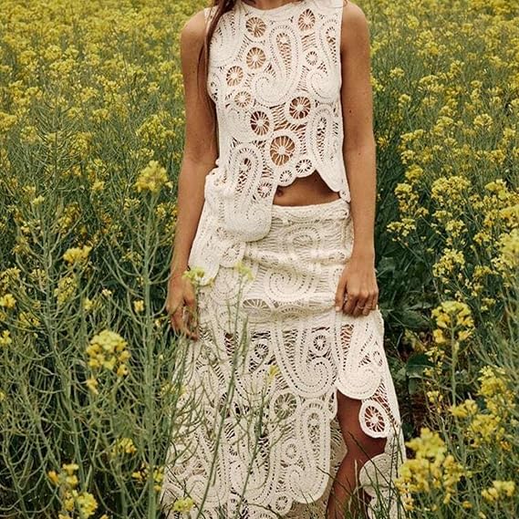 Elegant Crochet Hollow Lace Skirt Set