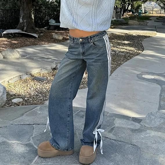 Low Waist Loose Side Striped Bow Wide-Leg Jeans