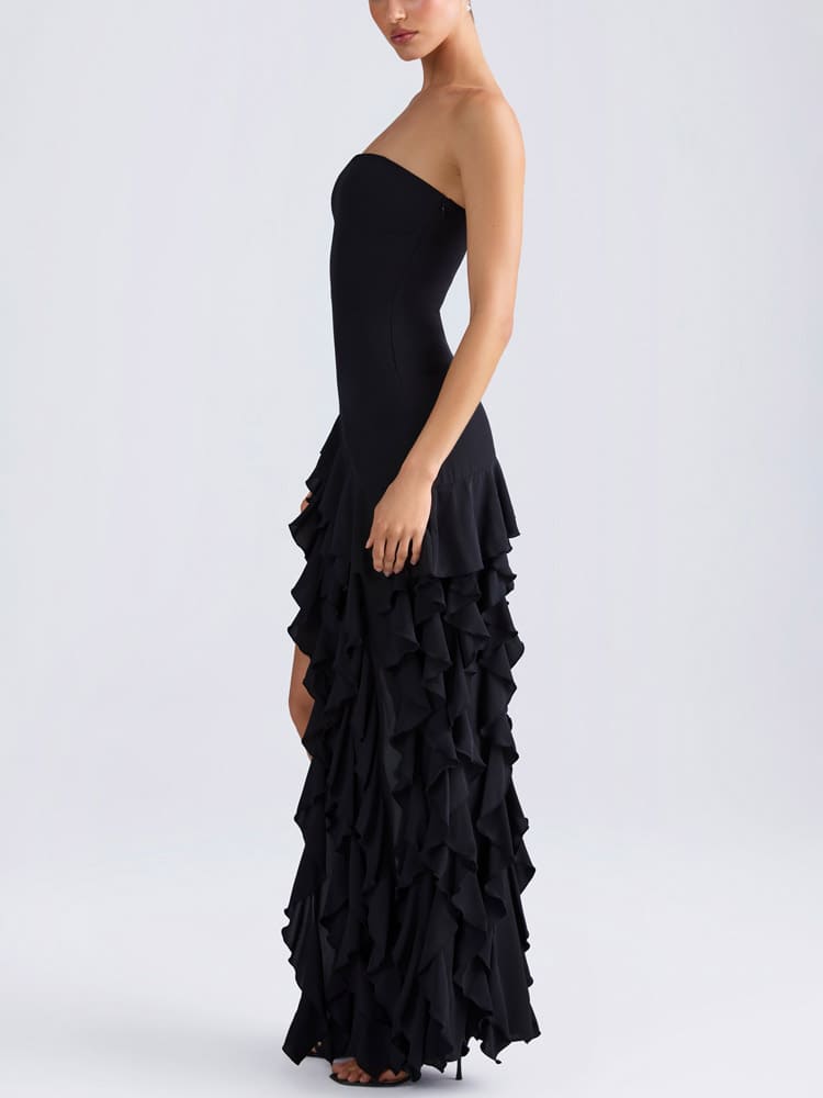 Στράπλες φόρεμα με βολάν σε μαύρο χρώμα