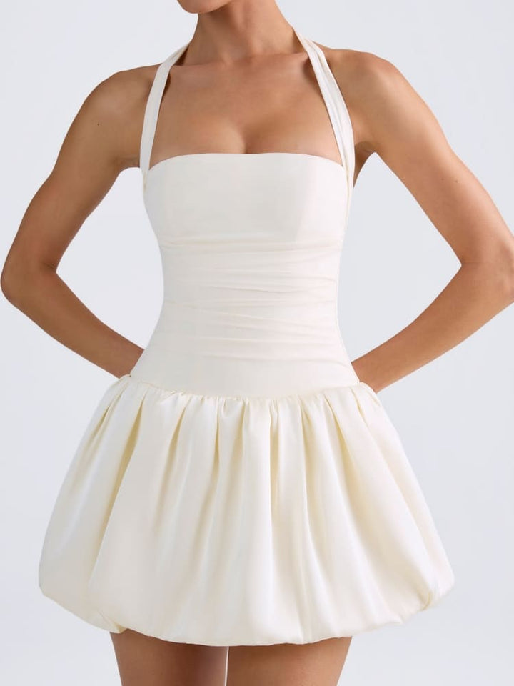 Mini-rochie cu corset cu tiv cu bule, cu șireturi, cu decolteu șiret, în fildeș