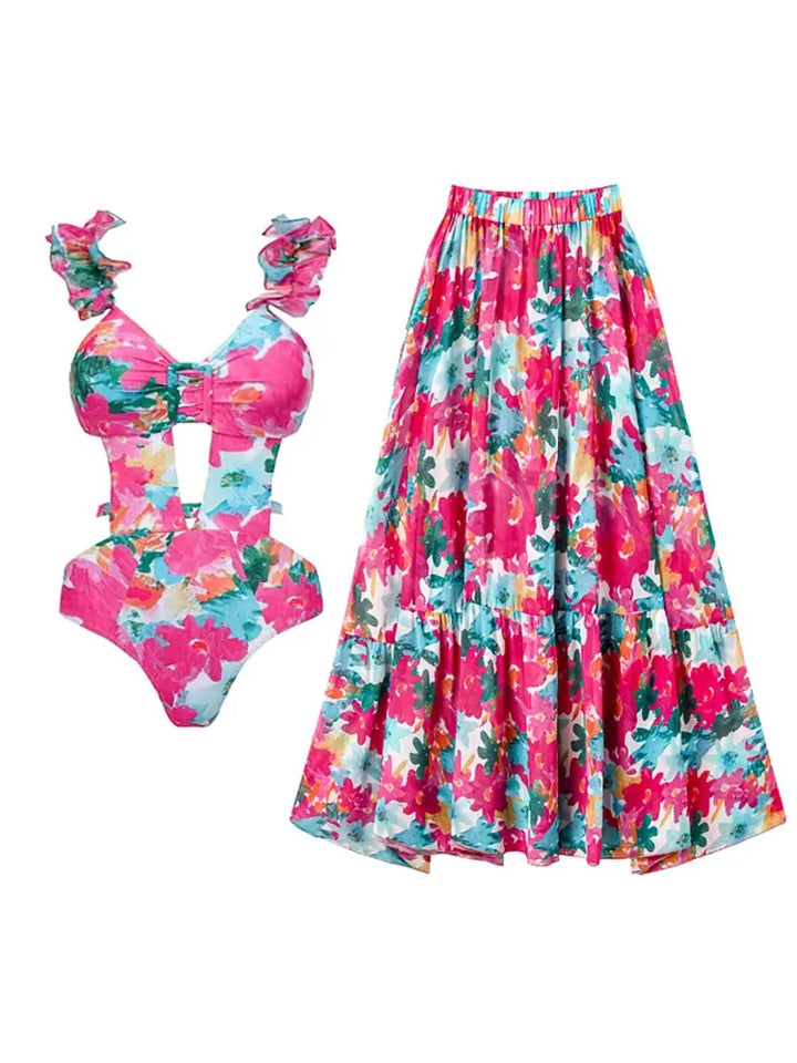Print Cutout One Piece Swimsuit Set