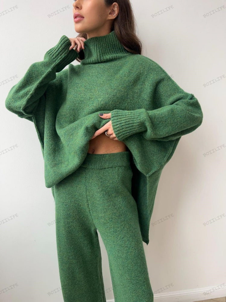 Turtleneck Split Sweater Loose Knit Pants Set