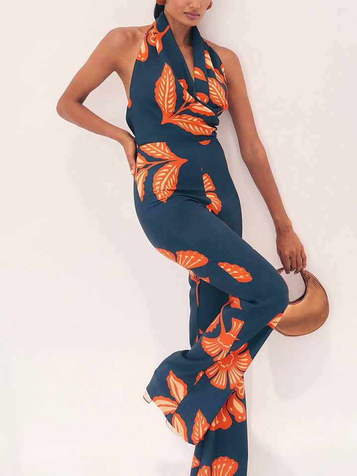 Natatanging Floral Print Backless Jumpsuit