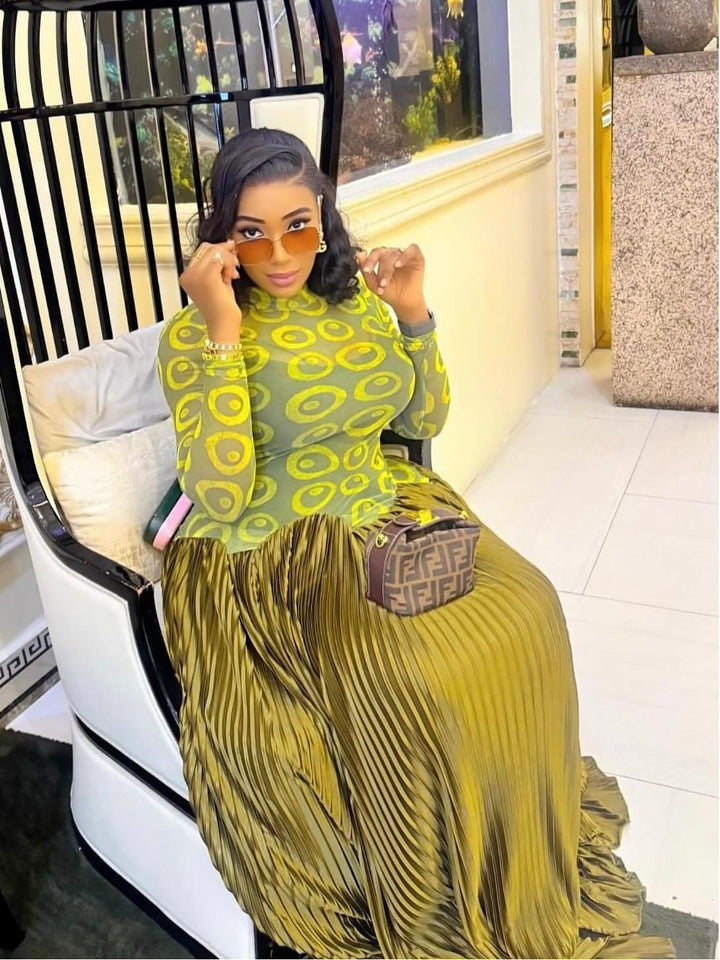 Mesh Panel Retro Pleated Maxi Dress