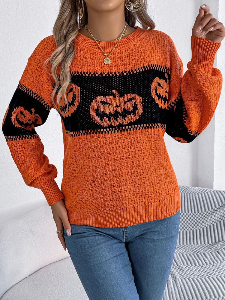 Halloween Pumpkin Head Color-Block Crew Neck strikket genser