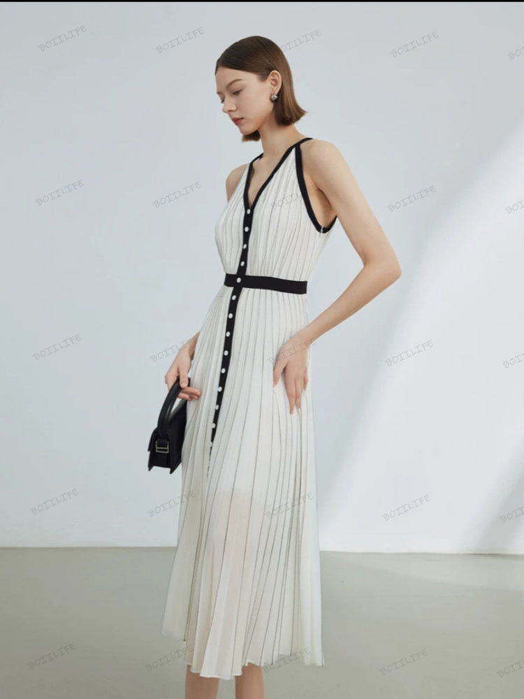 High-End Limited Edition Striped Color-Blocked Sleeveless Dress