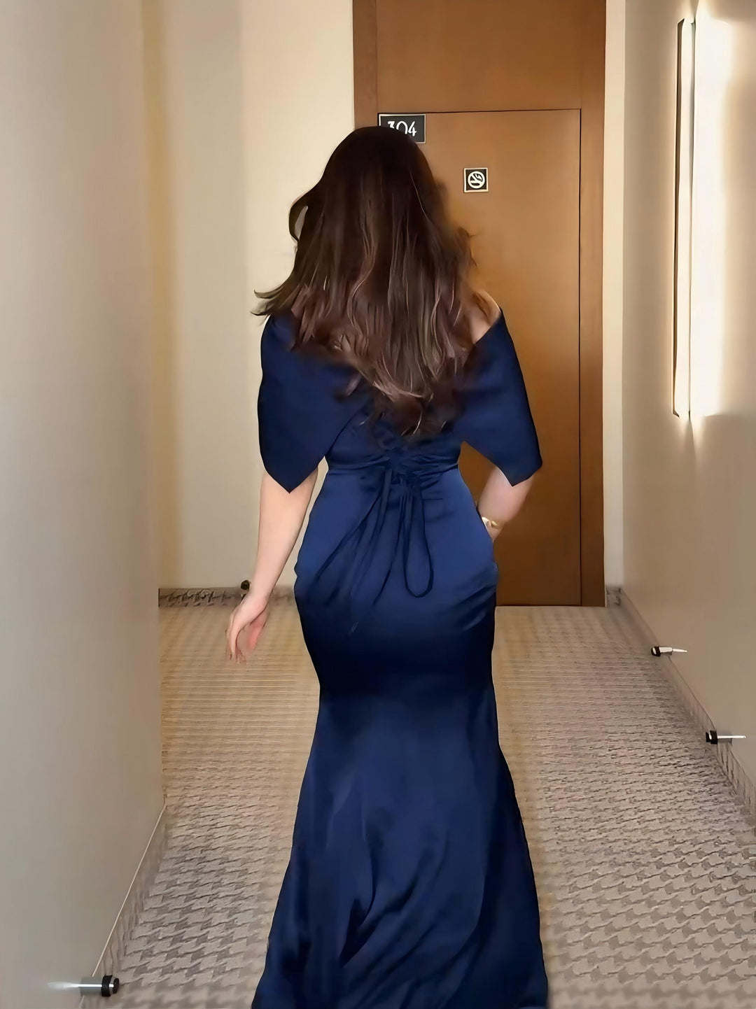 Navy Satin One-Shoulder Draped Column Gown