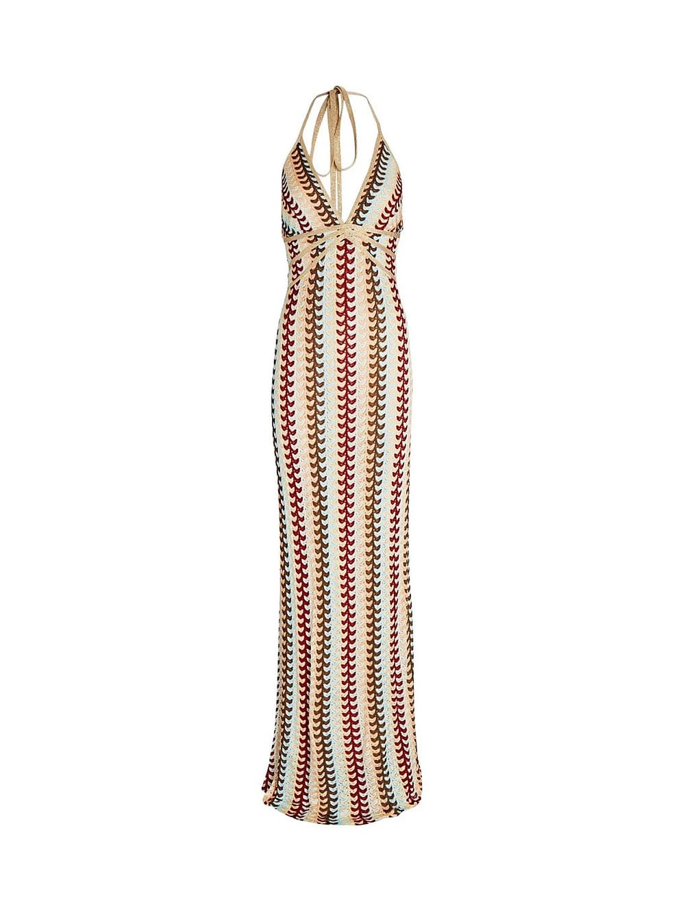 Halter V Neck Backless Boho Pattern Knit Slim-Fit Vacation Maxi Dresses-Beige