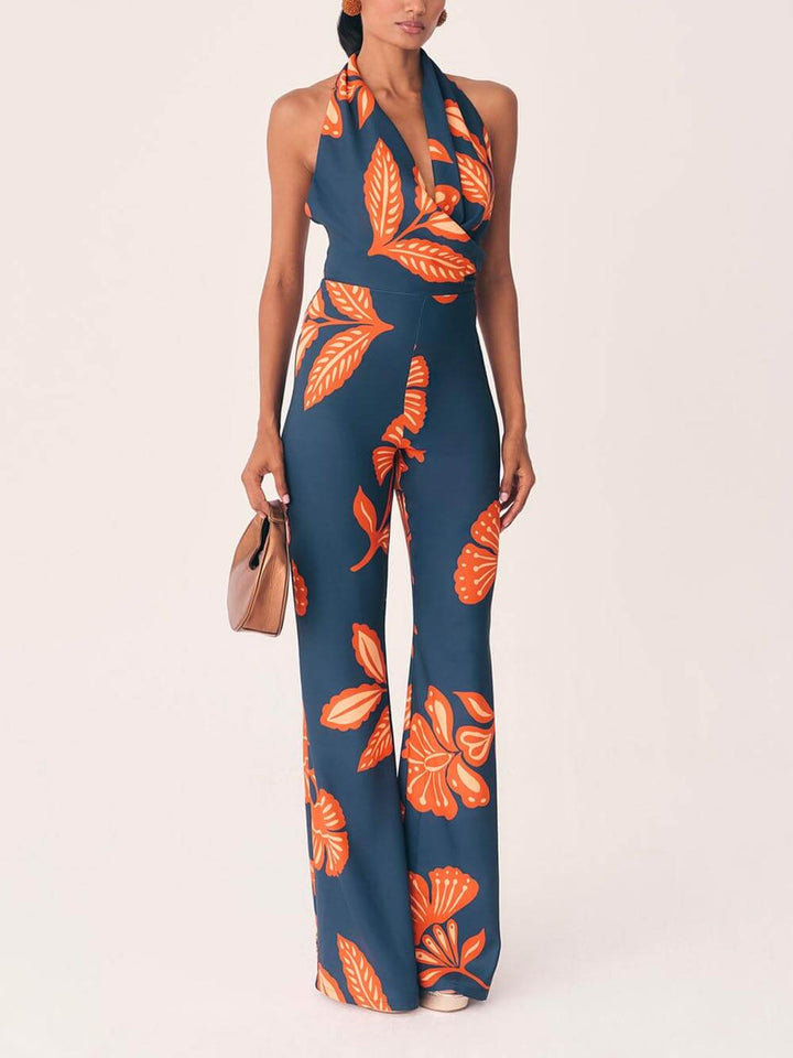 Natatanging Floral Print Backless Jumpsuit