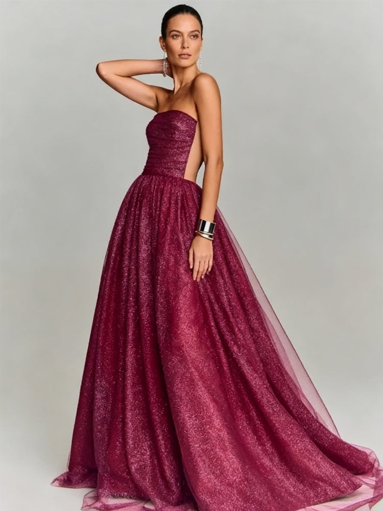 Ruched Mesh Long Evening Dress