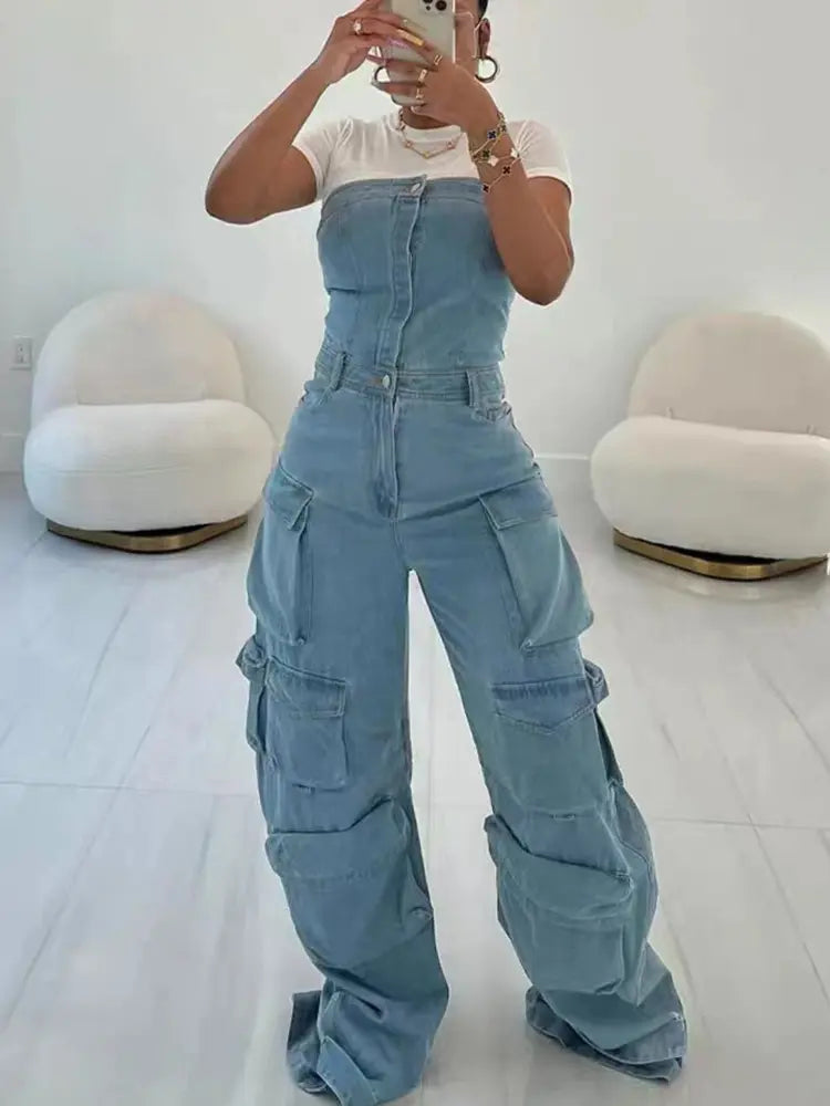 Gate Stil Uten Ermer Denim Jumpsuit