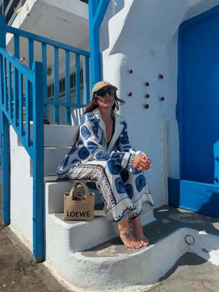 Set ng Pantalon na Elegance Blue Checkerboard