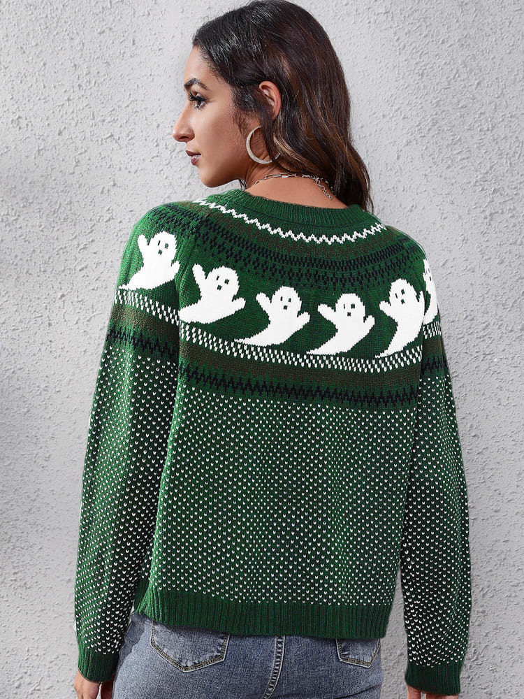 Litterært retro spøgelsesmønster strikket sweater med rund hals