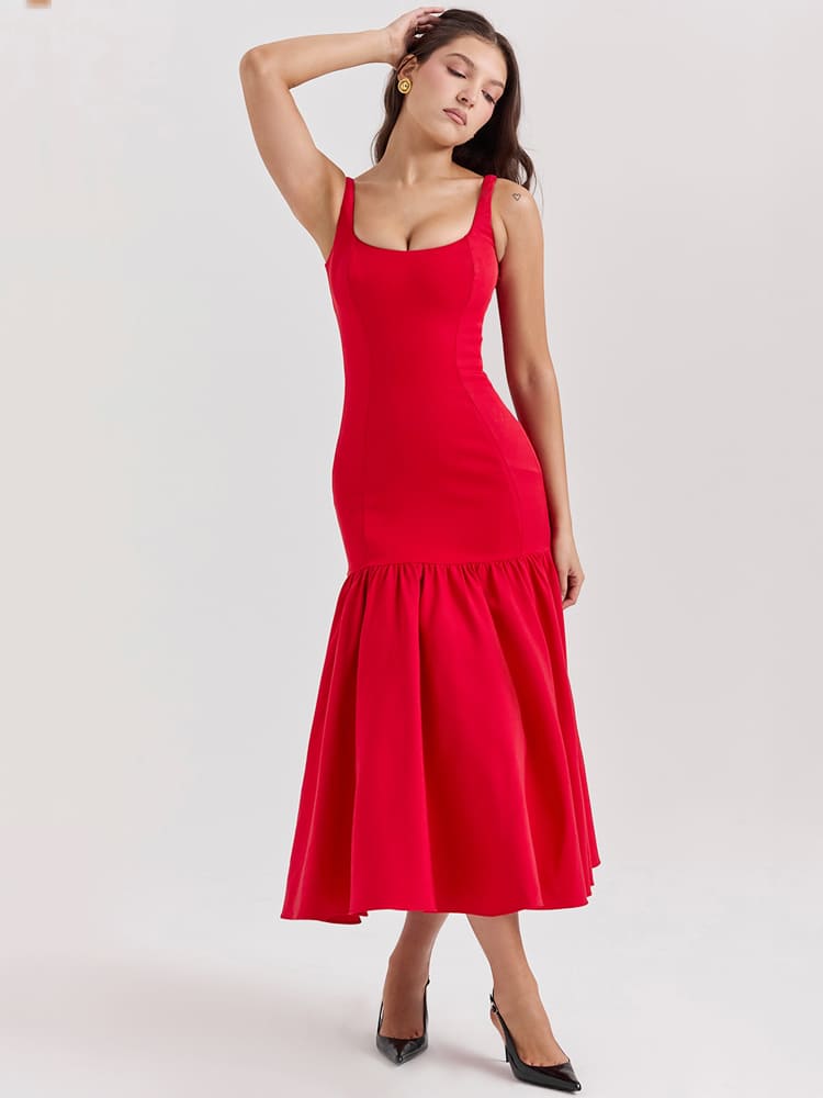 Sexy Low-Waist Bodycon Midi Dress - Scarlet Red