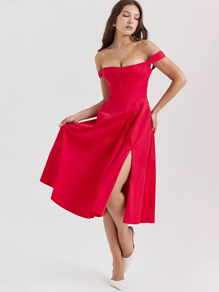 Vestido Midi com Decote Halter e Fenda Lateral - Vermelho Escarlate