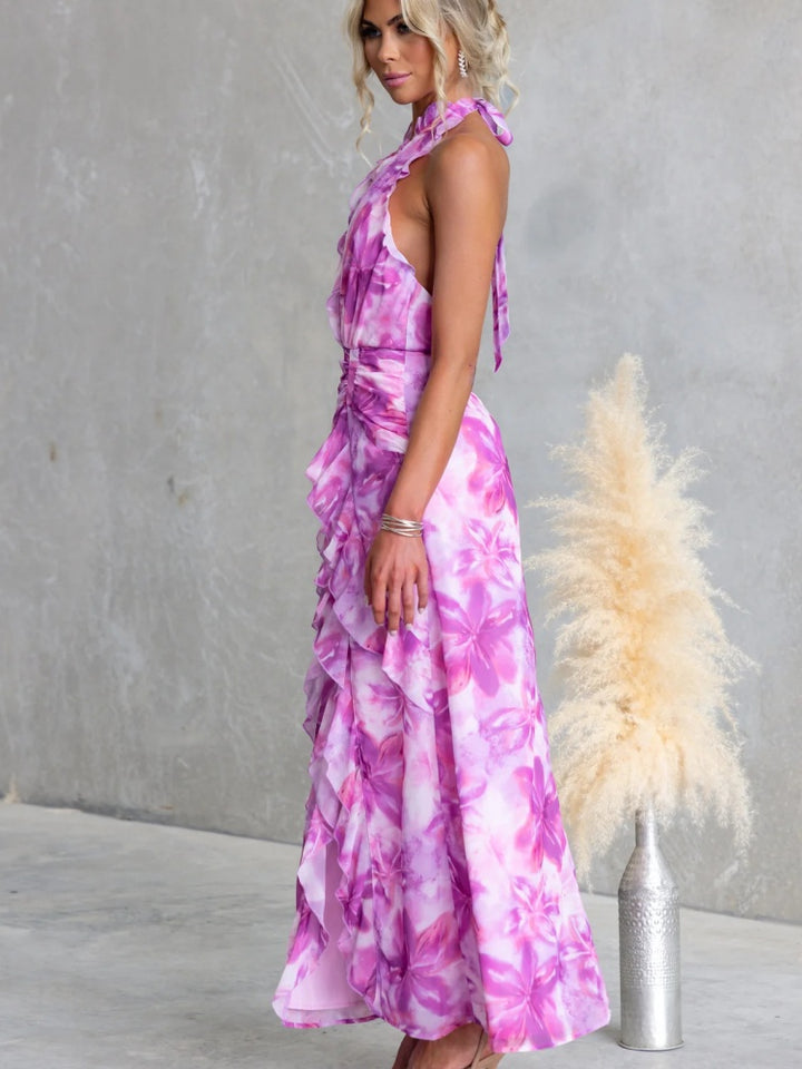 Floral V-Back Slit Halter Dress