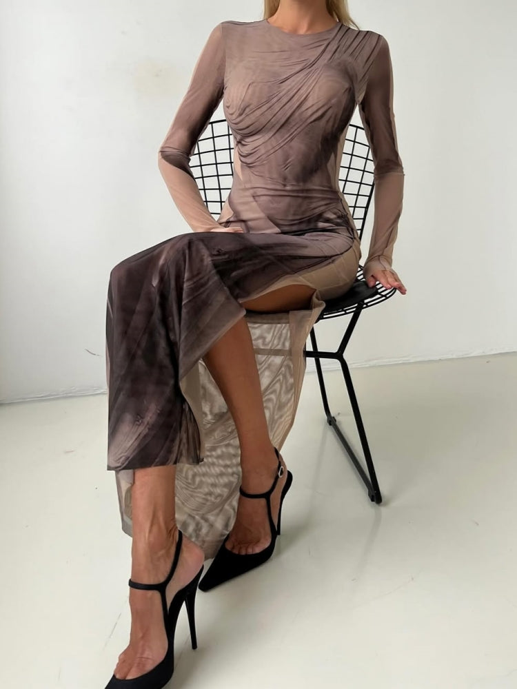 Painted-Effect Mesh Maxi Dress