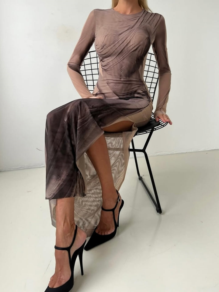 Painted-Effect Mesh Maxi Dress