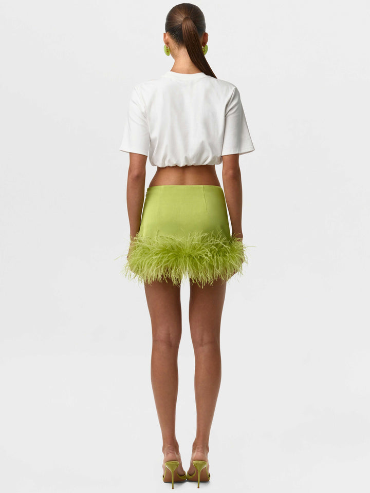 Chiffon Cape Crop Top & Satin Feather Mini Skirt