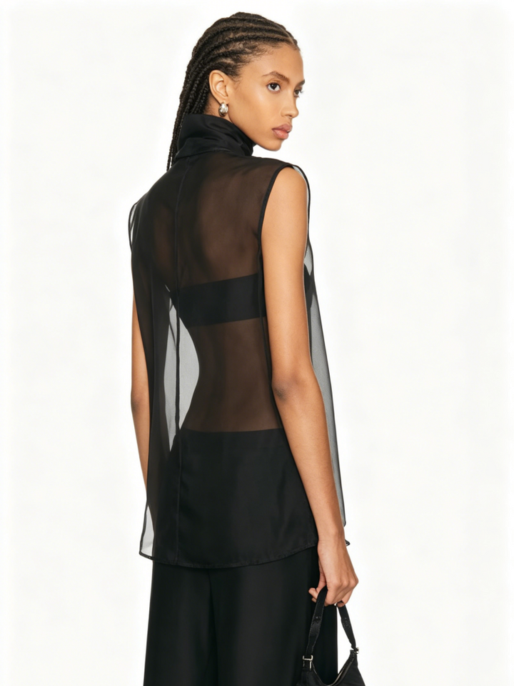 Sheer Turtleneck Satin Wide-Leg Set