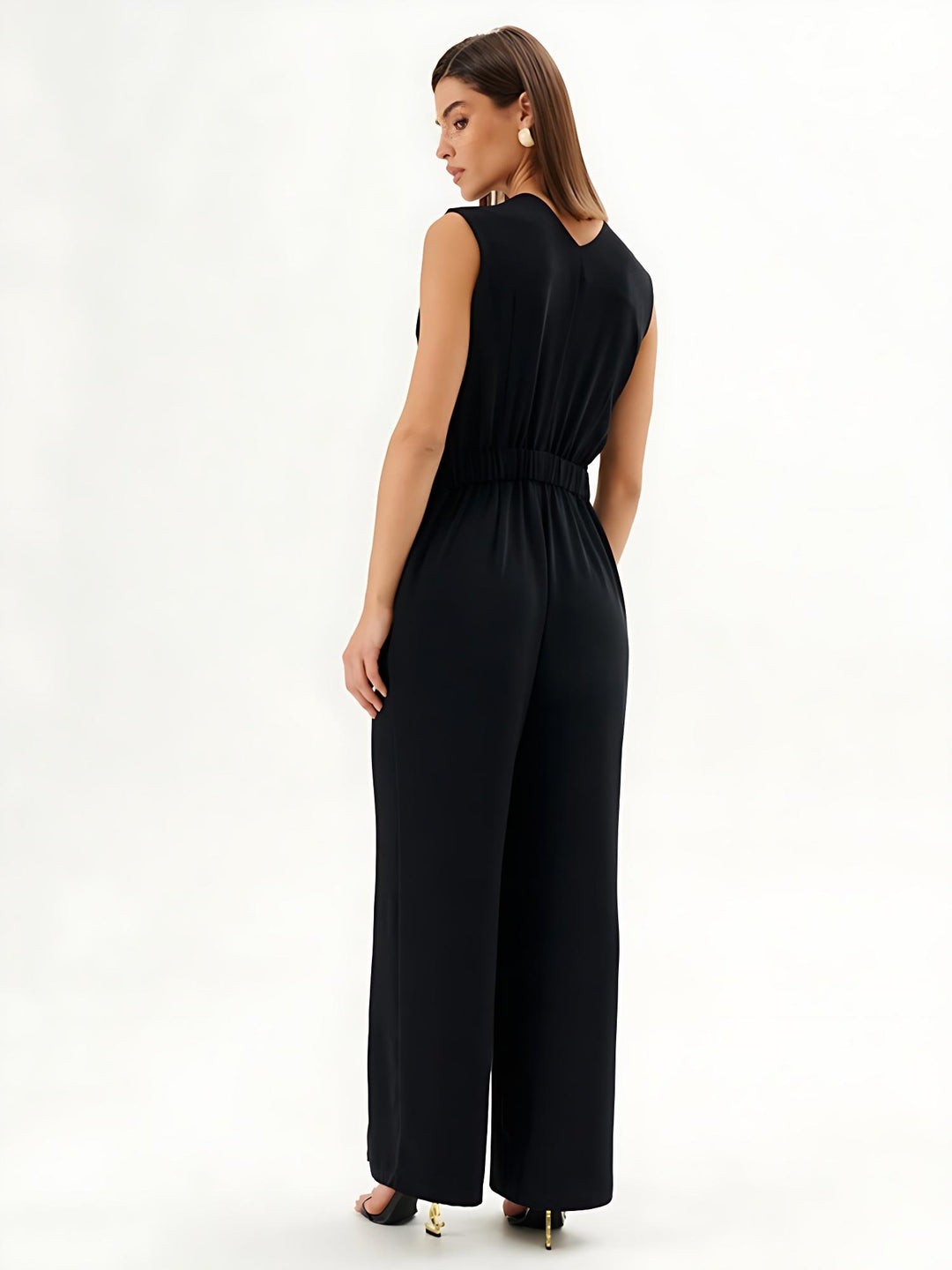 Black Sleeveless Wrap-Effect Wide-Leg Jumpsuit