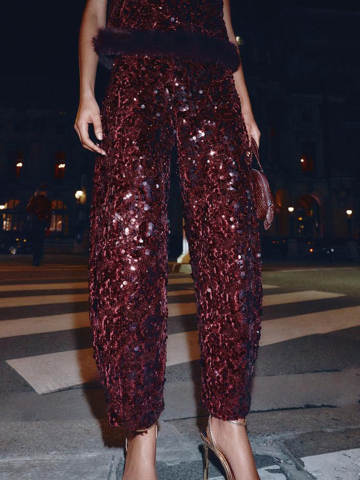 Sequined Faux Fur Hem Top & Pants Set