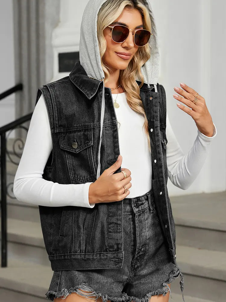 Hooded Denim Vest met Mouwloos Ontwerp