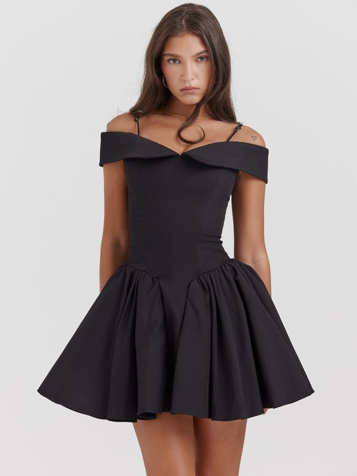 Black Off-Shoulder Spaghetti Strap Mini Dress