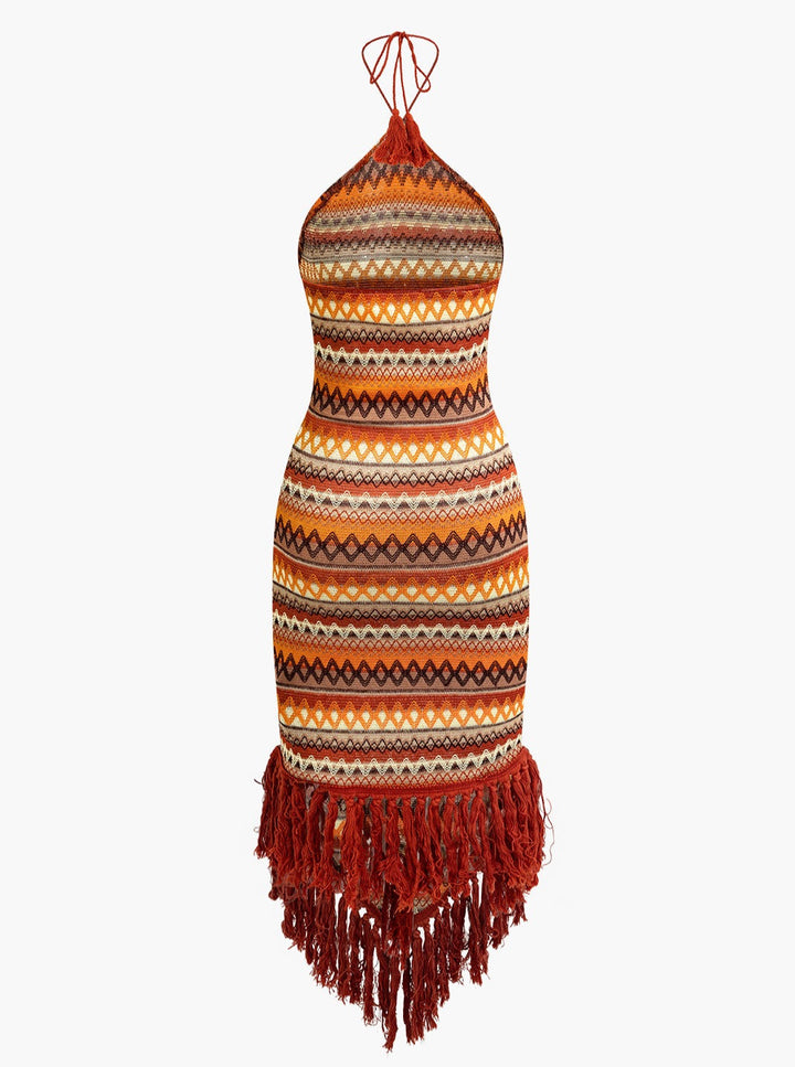 Frynser og farverigt mønster Bohemian Halter Midi-kjole