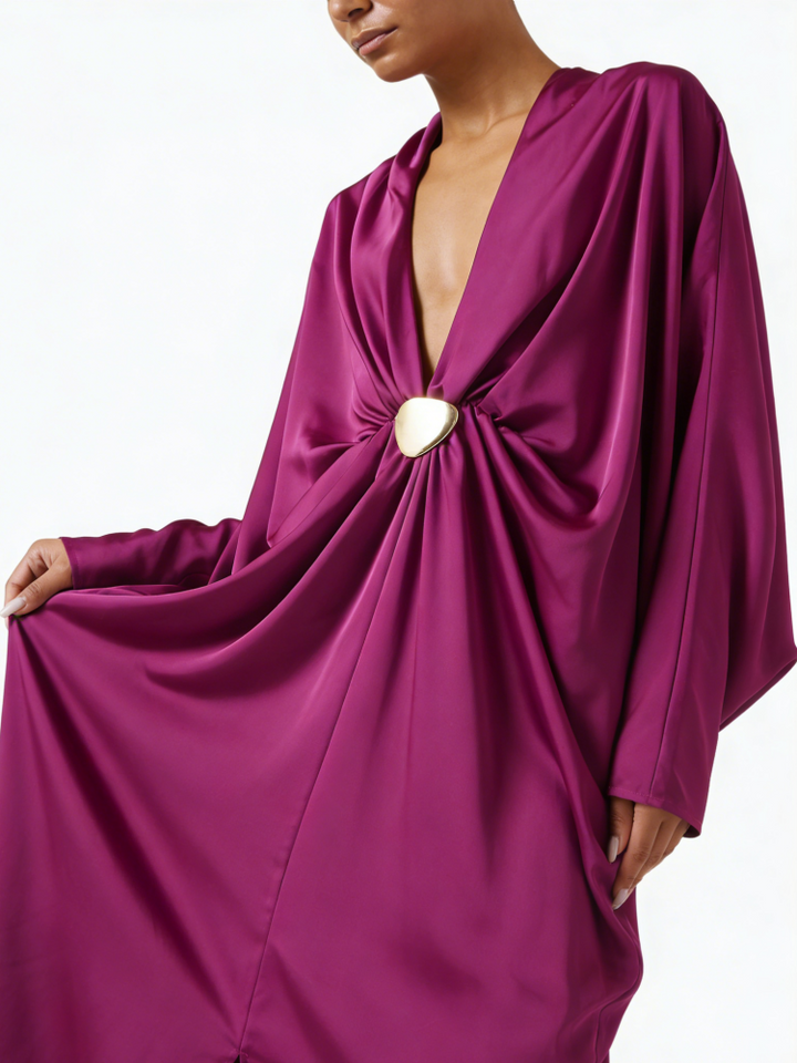 Robe longue col en satin magenta satiné