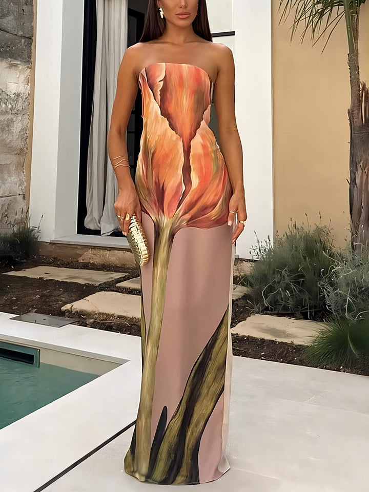 스타일리시한 그래피티 프린트 민소매 오프숄더 맥시 드레스