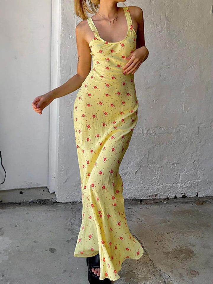 Çiçek Desenli Deniz Kızı Slip Maxi Elbise