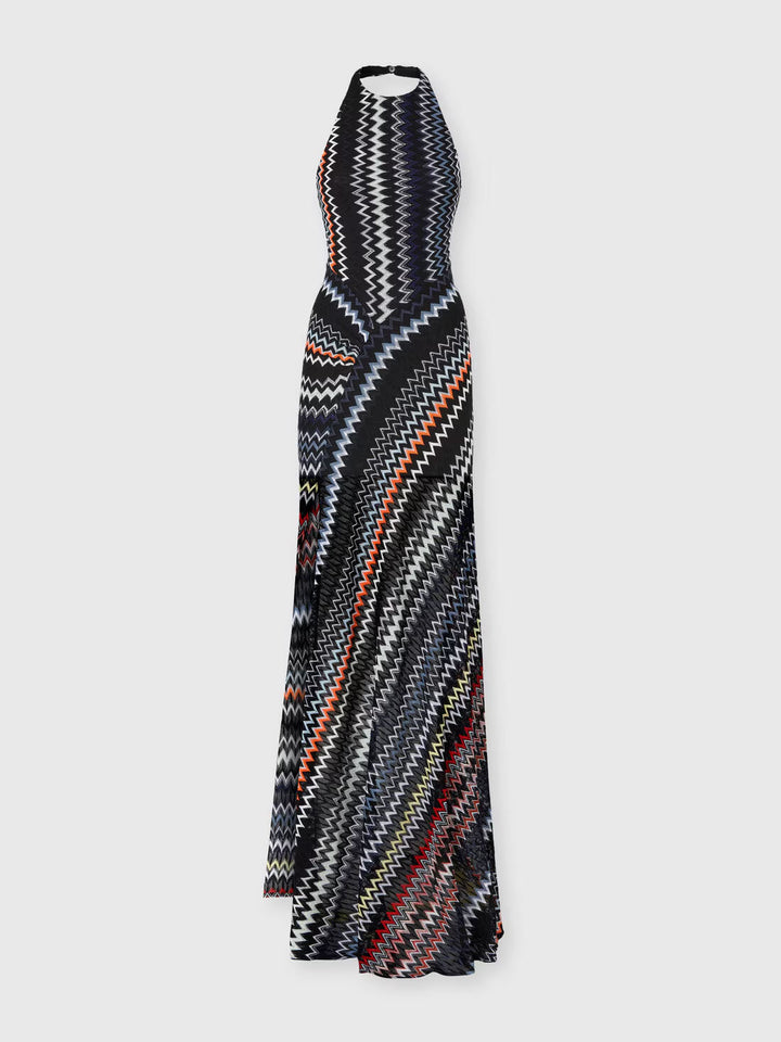 Herringbone Print Halter Neck Maxi Dress