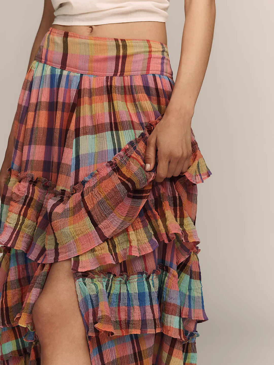 Plaid Ruffled Tiered Asymmetrical Maxi Skirt