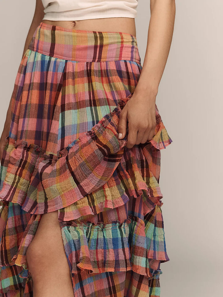 Plaid Ruffled Tiered Asymmetrical Maxi Skirt