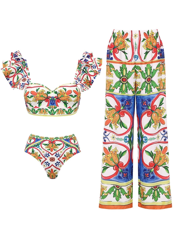 Ruffle Enamel Floral Bikini Swimsuit Set