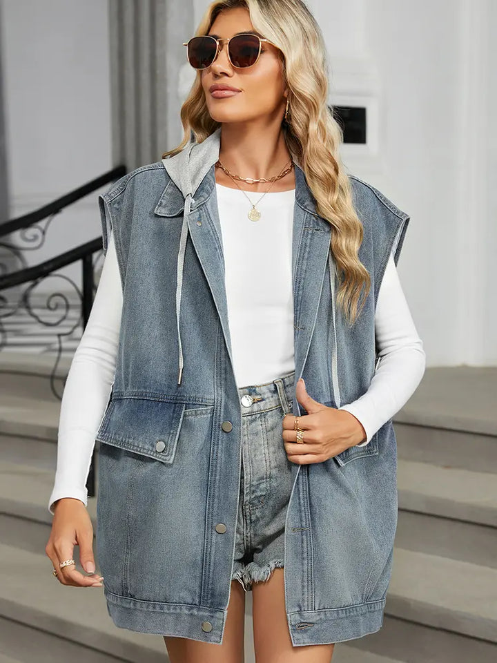 Vasket Løs Lomme Hettejeans Vest