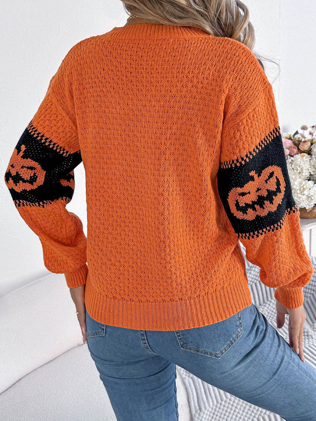 Halloween Pumpkin Head Color-Block Crew Neck strikket genser