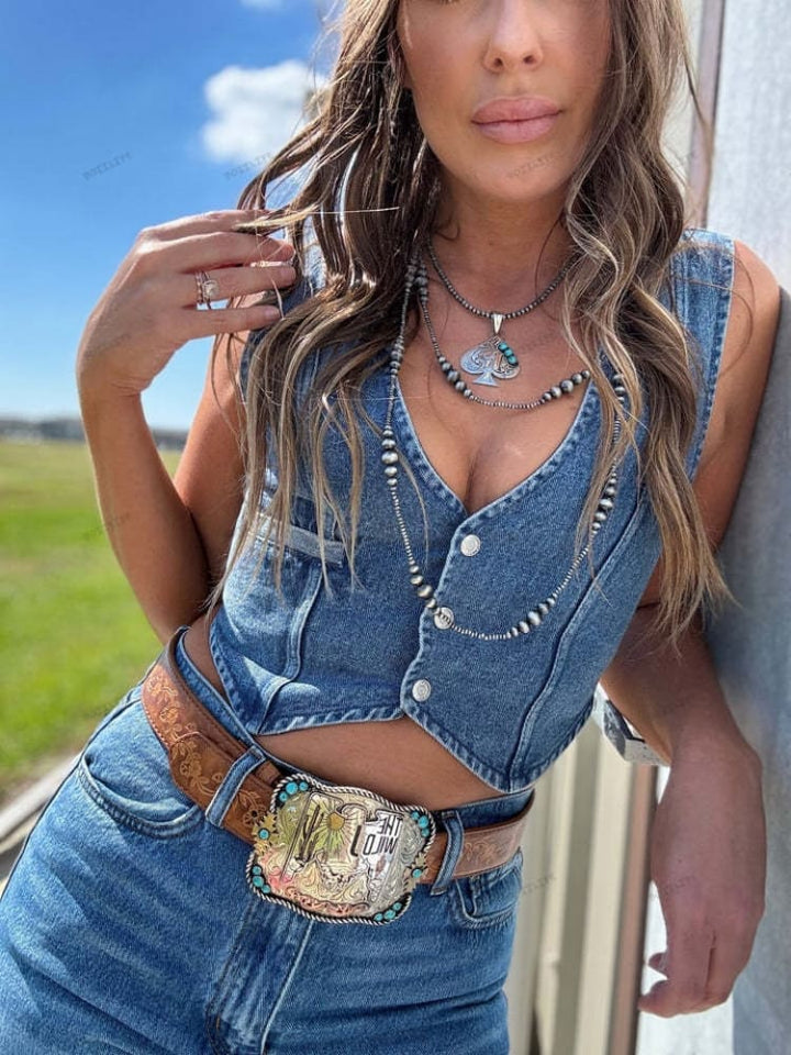 Western Vintage Washed Denim Vest